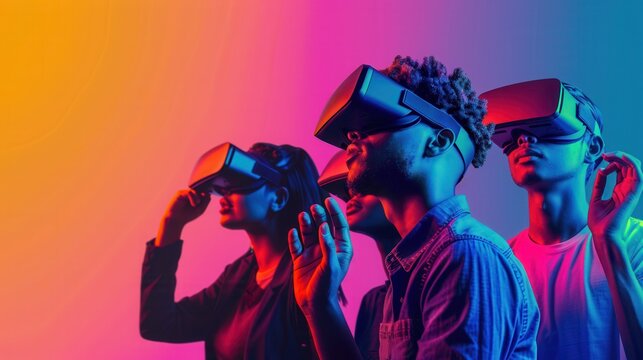 A diverse group of professionals wearing virtual reality headsets, immersed in a futuristic environment with vibrant colors, exploring the potential of immersive technology.