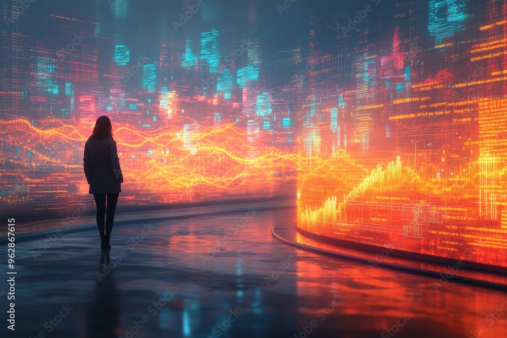 Poster a person in a futuristic workspace surrounded by holographic data streams, representing the ai-enhan