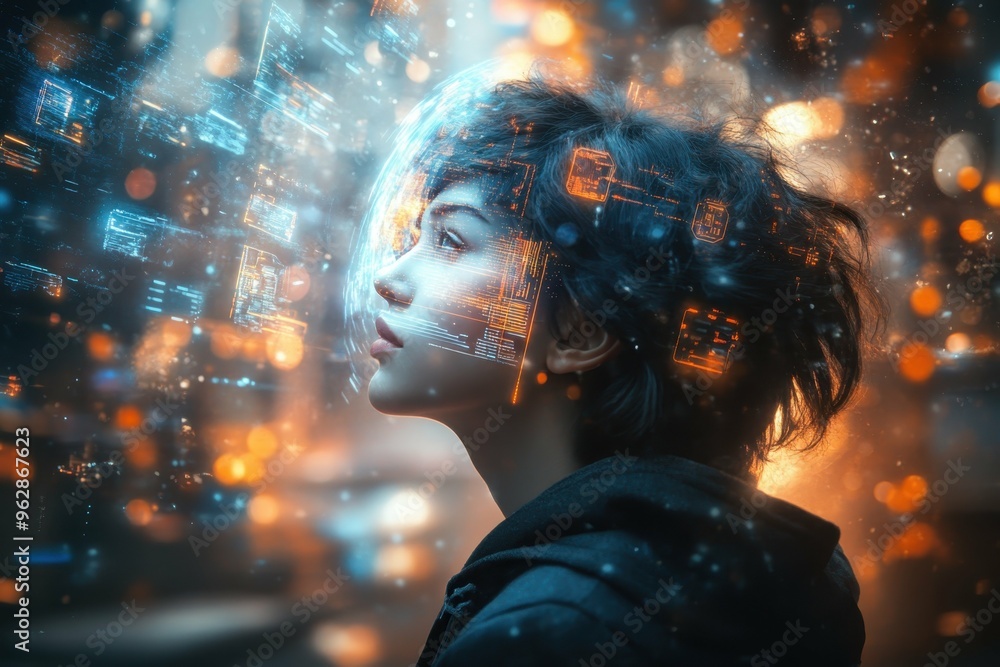 Poster a person in a futuristic workspace surrounded by holographic data streams, representing the ai-enhan
