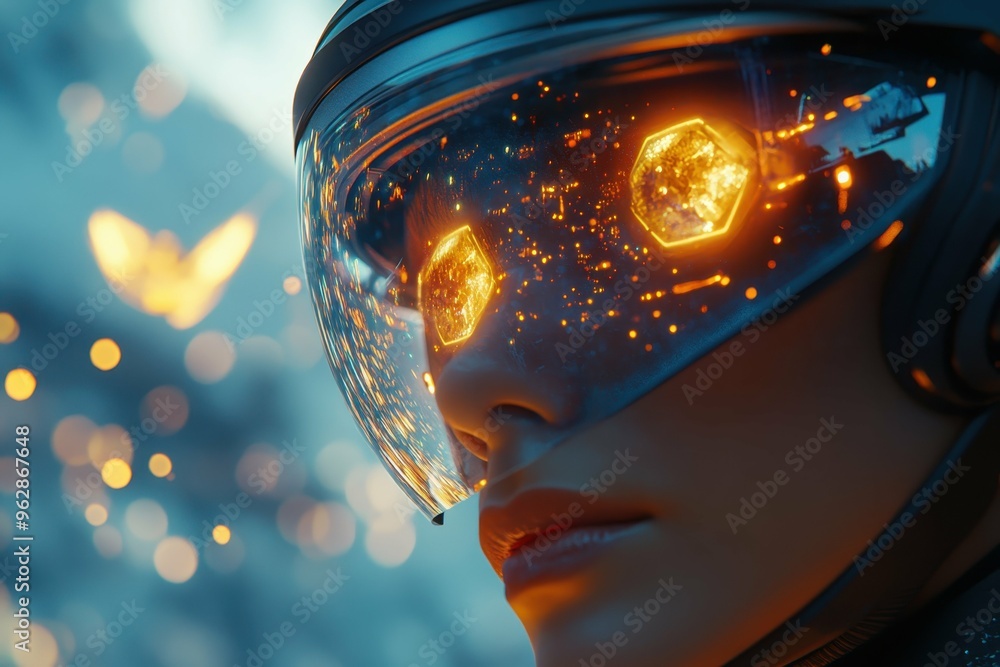 Poster a person wearing a futuristic headset with holographic displays reflecting in their eyes, symbolizin