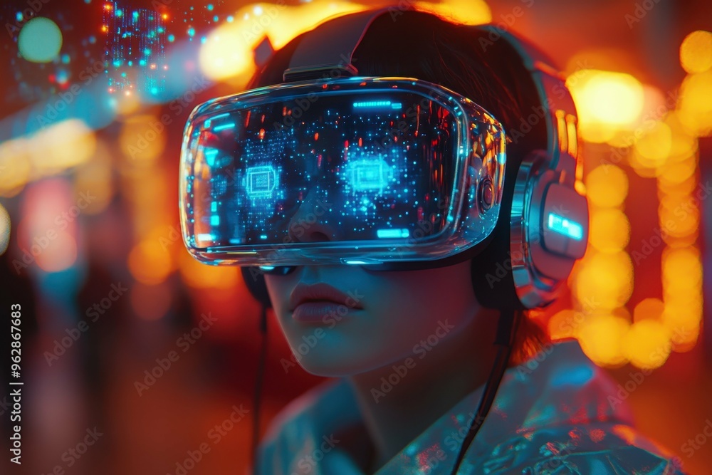 Poster a person wearing a futuristic headset with holographic displays reflecting in their eyes, symbolizin