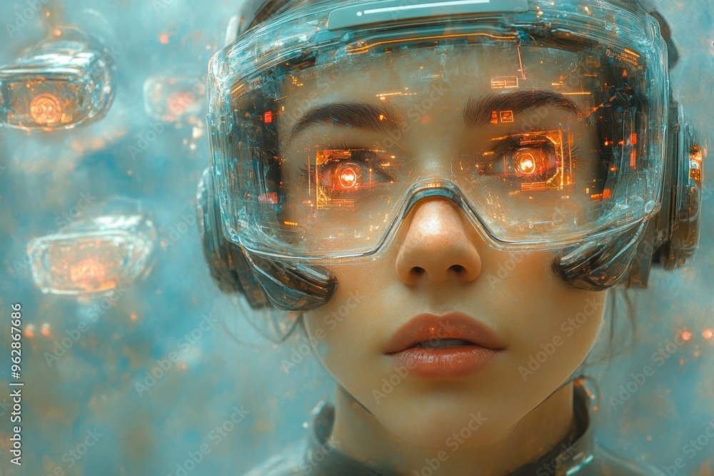 Poster a person wearing a futuristic headset with holographic displays reflecting in their eyes, symbolizin