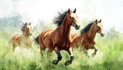 A vibrant watercolor illustration of three horses galloping through a lush green field, capturing movement and freedom.