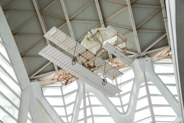 the first flying device. Airplane with bicycles, design with wings