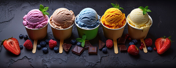 Assortment of colorful ice cream scoops in paper cups with fresh berries and chocolate pieces.