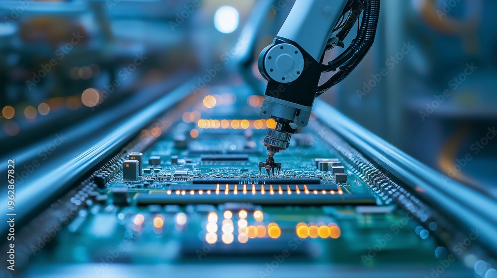 Aufkleber robotic arm placing a component on a circuit board in a factory setting.
