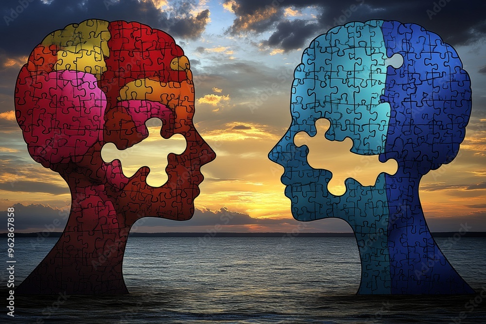 Poster cognitive connectivity brain mapping sunset lit heads with puzzle pieces removed symbolizing lost th