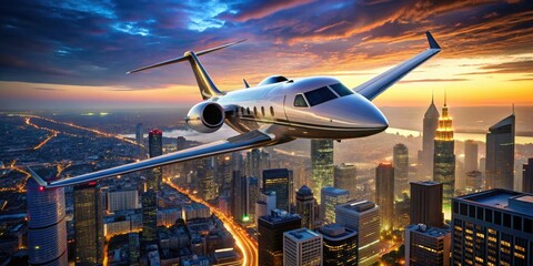 sleek modern leased corporate jet flying low over bustling cityscape with towering skyscrapers and neon lights reflecting on polished aluminum airframe