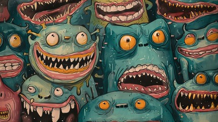 A quirky and entertaining illustration of blue and green monsters with wide eyes and sharp teeth. The artwork is filled with vibrant colors and features an array of imaginative creatures, each with