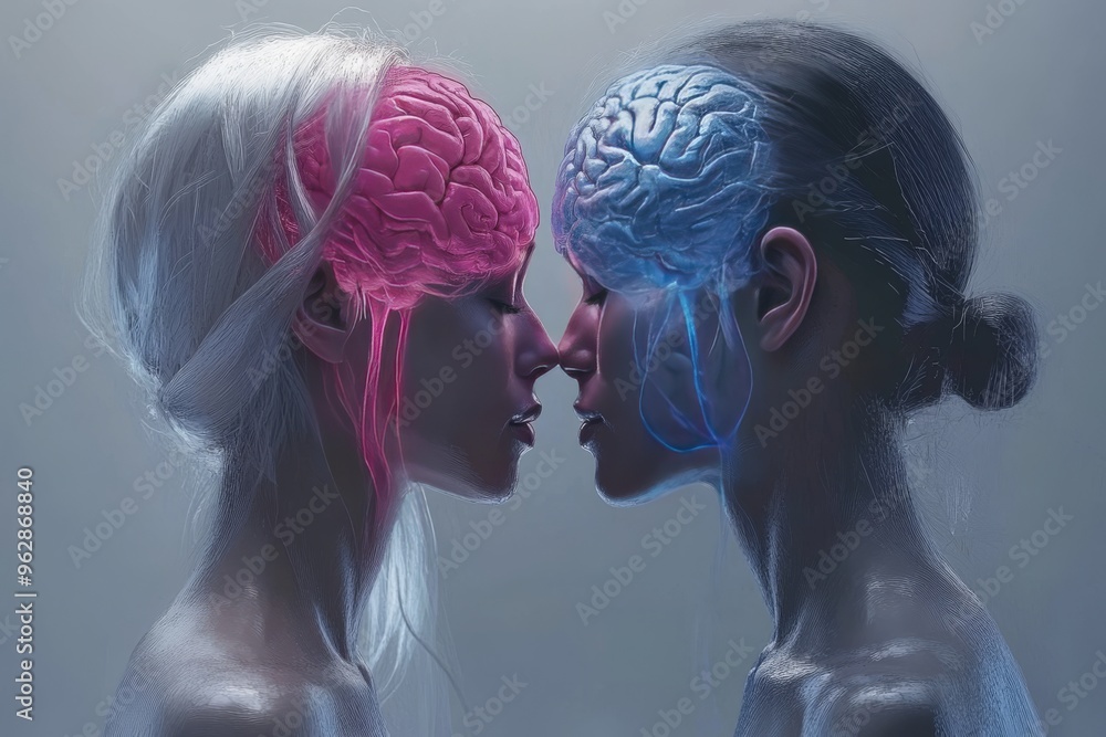 Poster cognitive robustness neurophysiology two individuals with glowing pink and blue brains pressed toget