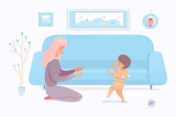 Mother teaching baby to walk. First kids steps. Mom playing with little child. Loving relationship and care. Children growth and development. Happy family moments. Vector illustration.