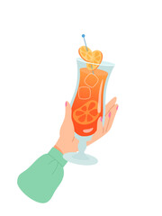Woman hand with glass of alcohol cocktail or drink vector illustration isolated on white background. Female holds aperol with ice and orange. People celebrating with toasts and cheering. Party.