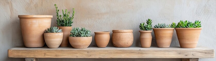 Fototapeta premium Wooden Mantle with Succulent Arrangement, bohemian style, natural elements, soft earth tones, handcrafted pottery, relaxed atmosphere
