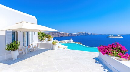 Fototapeta premium Crystal-clear pool, nestled amidst palm trees, overlooking a turquoise sea, offers a serene escape for vacationers seeking sun and relaxation