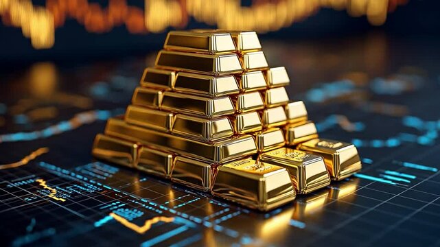 A digital financial chart background with a pyramid of shimmering gold bars that emphasizes investment, wealth, and the volatile value of precious metals.