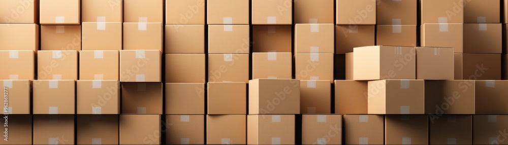 Poster a collection of cardboard boxes stacked neatly, ideal for transportation and storage concepts in e-c
