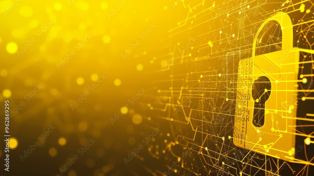 Poster a high-tech digital padlock set against a golden, tech-themed background. the padlock and circuitry 