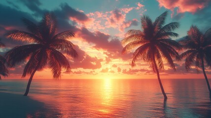 A lone palm tree bends towards the sea under a dramatically lit sky, casting reflections on the gentle waves