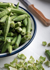 Fresh green okra, peeled and ready to cook.