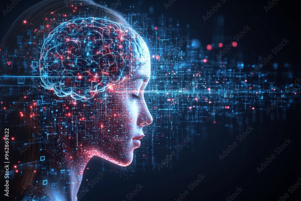 Aufkleber brain vitality neurophysiology a woman’s face intertwined with digital neural patterns symbolizing t