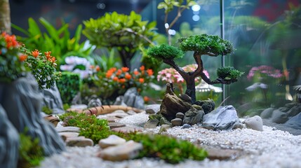 Obraz premium Miniature Zen Garden with Bonsai Tree and Stone Path