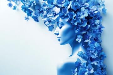 Blue flower woman on white background with copyspace. Floral portrait of woman made from blue flowers and petals. Perfume concept image with elegant female figure surrounded by blooms.