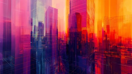 Obraz premium Abstract city skyline with vibrant colors and geometric lines.