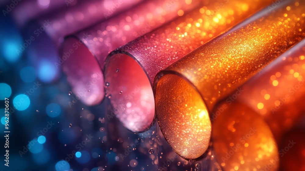 Poster sparkling glass tubes: a mesmerizing display of iridescent glass tubes, capturing the kaleidoscope o