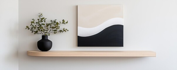 Floating Wooden Mantle with Abstract Art, contemporary living room, sleek design, monochrome colors, modern simplicity