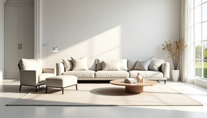 Fototapeta premium Minimalist Living Room with White Sofa and Cream Rug