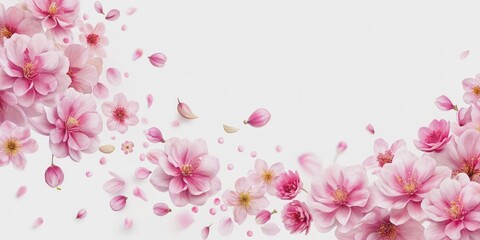 Floral border of flying pink flowers and petals, isolated, flowers, pink, floral, border, isolated, flying, petals, nature