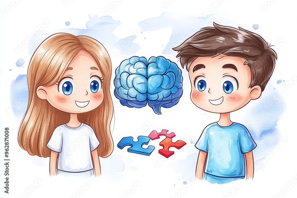 Poster neural augmentation neurophysiology cartoon style children with floating brain puzzle symbolizing pl
