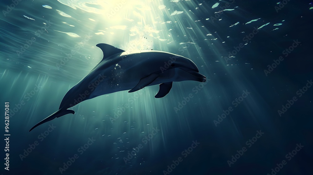 Canvas Prints Dolphin Swimming Underwater with Sunlight Rays