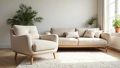 Modern living room with a beige sofa and armchair