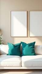 Minimalist Living Room with White Sofa and Teal Pillows