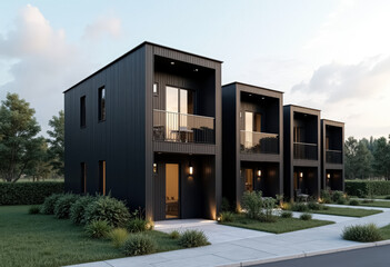 Modern Black Townhouses with Balconies and Greenery