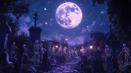 Naklejka premium A cemetery filled with animated skeletons dancing under the moonlight