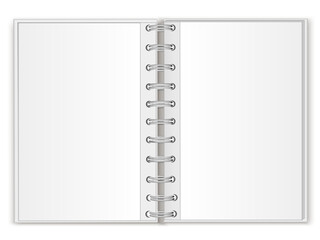 Mockup of open spiral folder with files and documents, organizer, notepad on white background. 3d vector illustration isolated on white background.