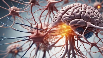 close up of human brain, neurons firing, neural extensions, cognitive learning plasticity. Detailed close up of human brain showing neurons firing and neural extensions in action	