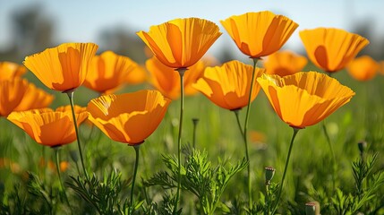 Obraz premium A close up of orange california poppies blooms in a sunlit field against the sky