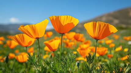 Obraz premium A close up of orange california poppies blooms in a sunlit field against the sky