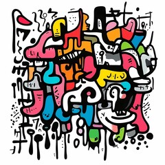 Obraz premium Abstract colorful doodle art with various shapes, lines, and patterns on a white background.
