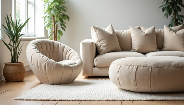 Contemporary living room interior with cream sofa, armchair and ottoman