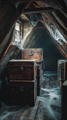 A creepy attic filled with old trunks and cobwebs