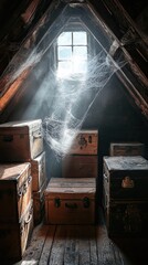 A creepy attic filled with old trunks and cobwebs