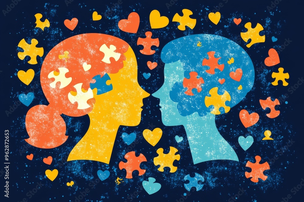 Poster brain interfaces neurophysiology playful puzzle pieces forming colorful heads symbolizing creativity