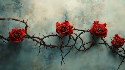 A vine of blood red roses with sharp thorns and curly branches, symbolizing love and pain.