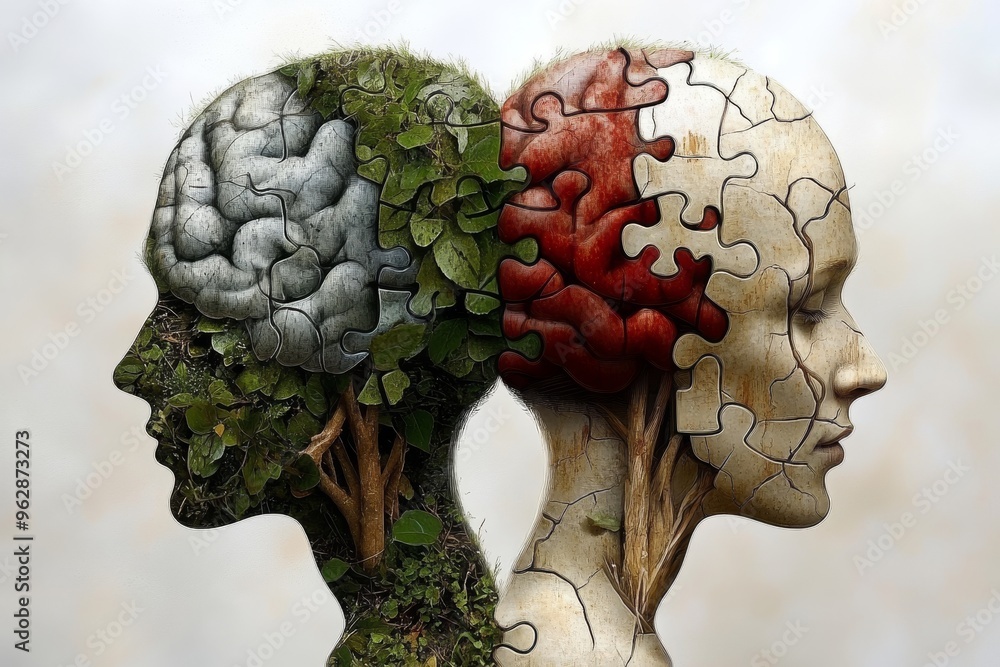 Poster mind skull neurophysiology heads of stone with green and red foliage intertwined with puzzle pieces 