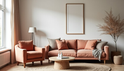 Living Room with Pink Sofa, Wooden Coffee Table, and Jute Rug