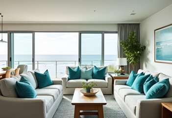 Fototapeta premium Modern living room with ocean view